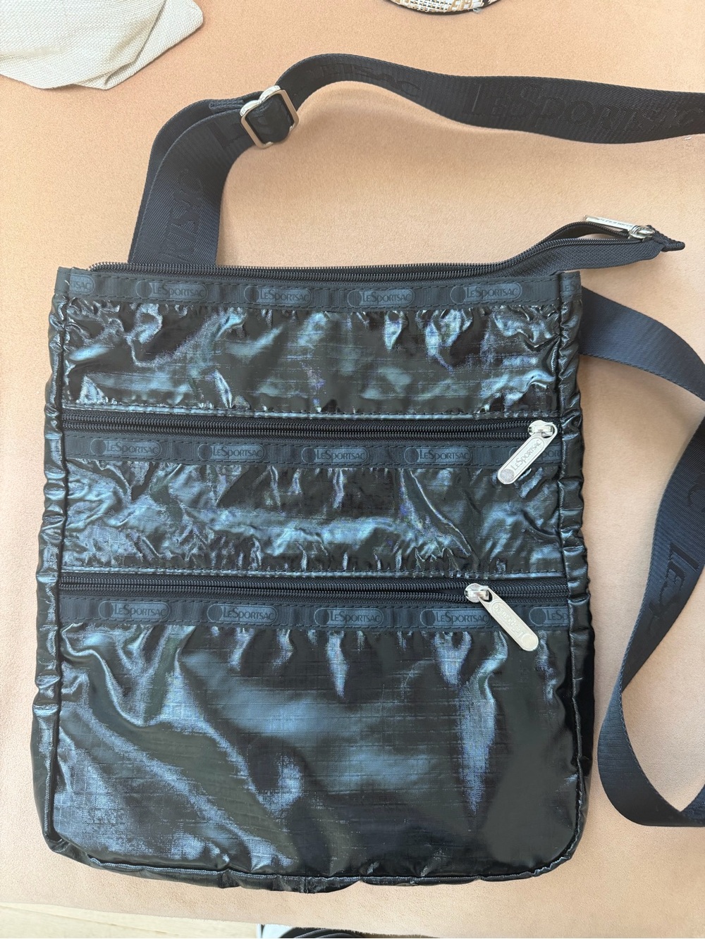 Lesportsac 3zip crossbody Black Shiny Nylon Messenger bag